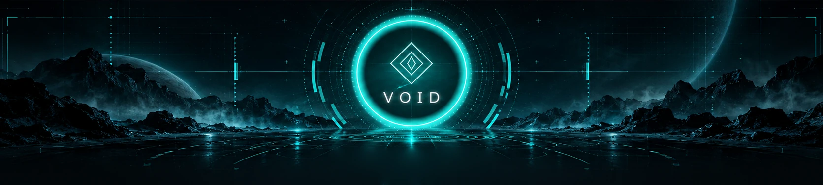 The VOID emblem: a glowing cyan ring with the VOID diamond mark, above a dark landscape
